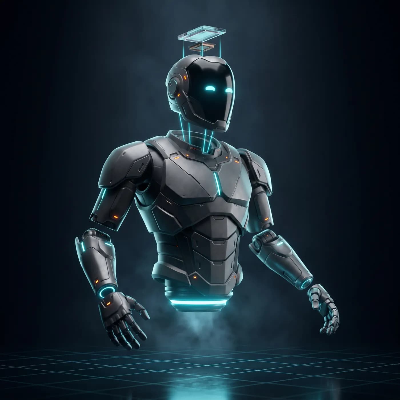 Neon grid üzerinde süzülen, kafasında çip yuvası olan robot