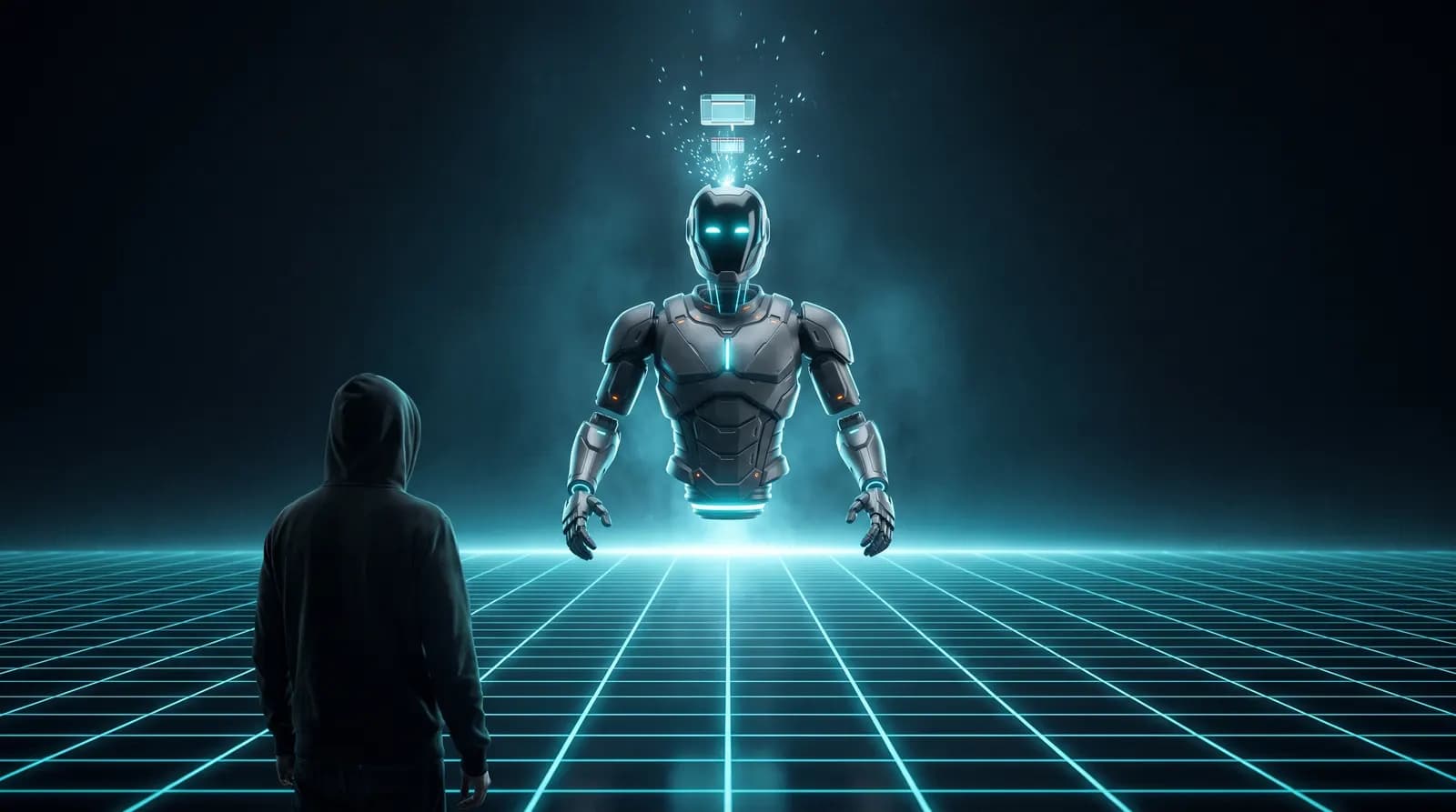 Neon ızgara dünyasında genç, uyanan robotun karşısında duruyor